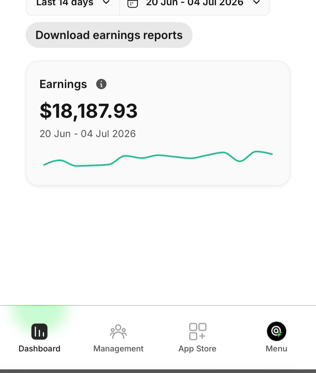 Dashboard showing 18,187.93 earnings for a 14-day window